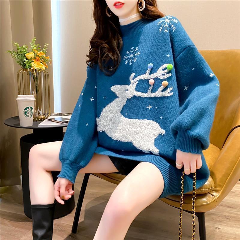 Women’s Christmas Tree & Reindeer Jacquard Cozy Loose Pullover Sweater