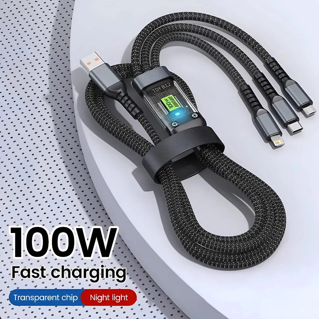 100W Fast Charging 3-in-1 Cable - Nylon Braided Multi USB Charger with Type-C & Micro USB