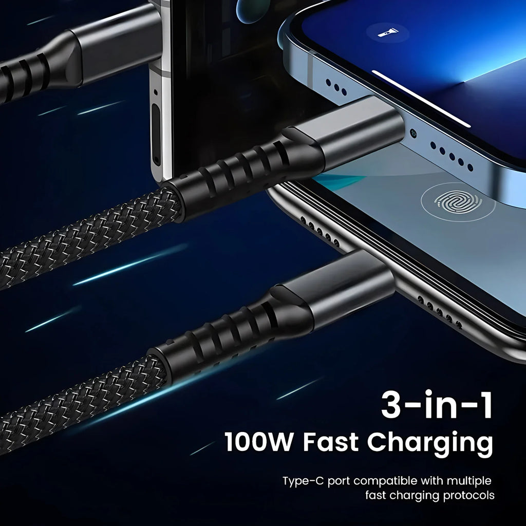 100W Fast Charging 3-in-1 Cable - Nylon Braided Multi USB Charger with Type-C & Micro USB