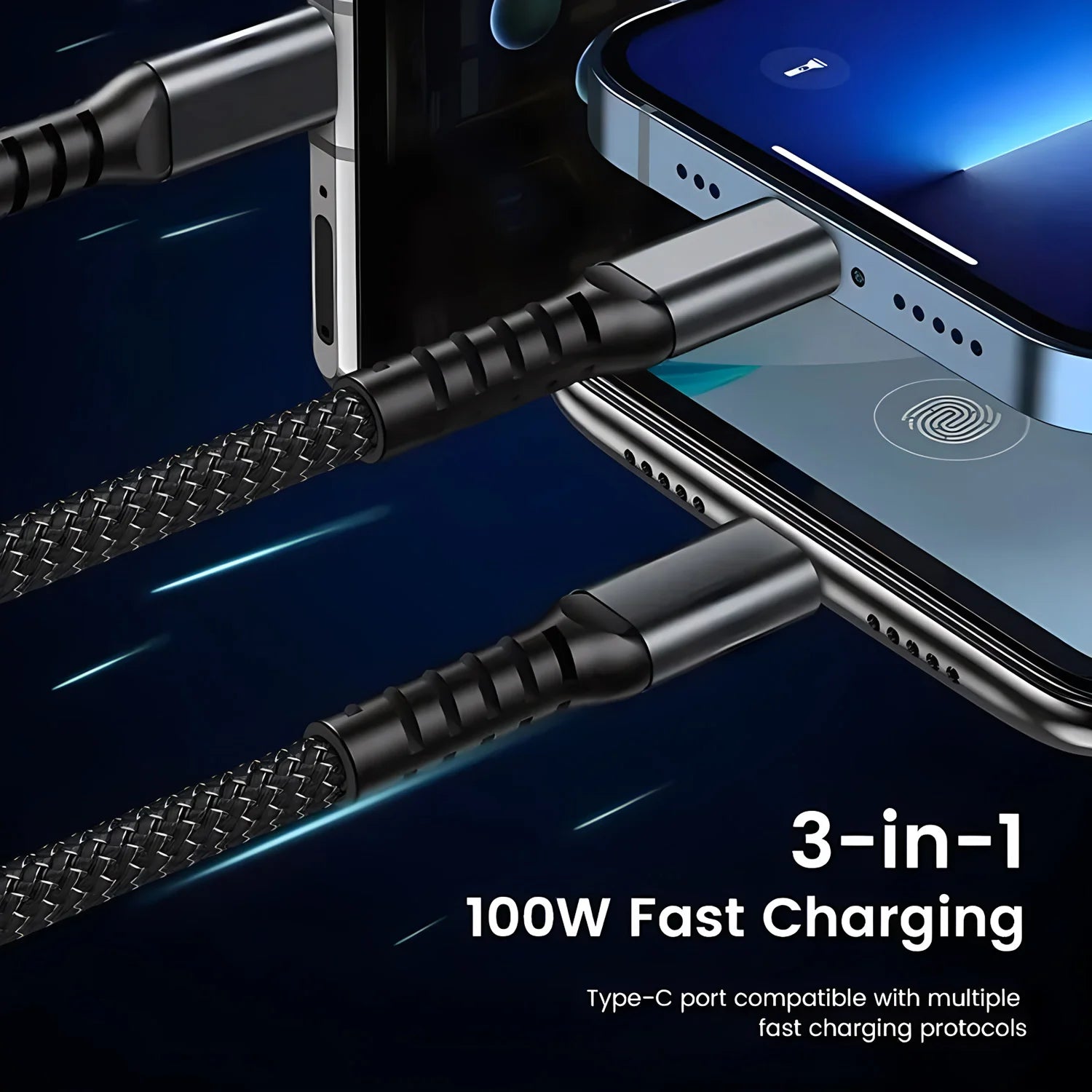 100W Fast Charging 3-in-1 Cable - Nylon Braided Multi USB Charger with Type-C & Micro USB