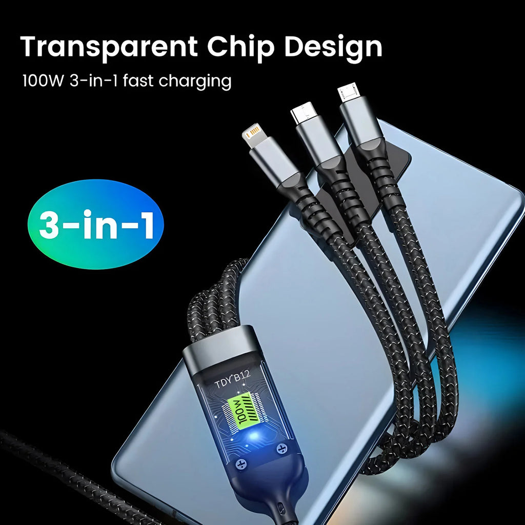 100W Fast Charging 3-in-1 Cable - Nylon Braided Multi USB Charger with Type-C & Micro USB