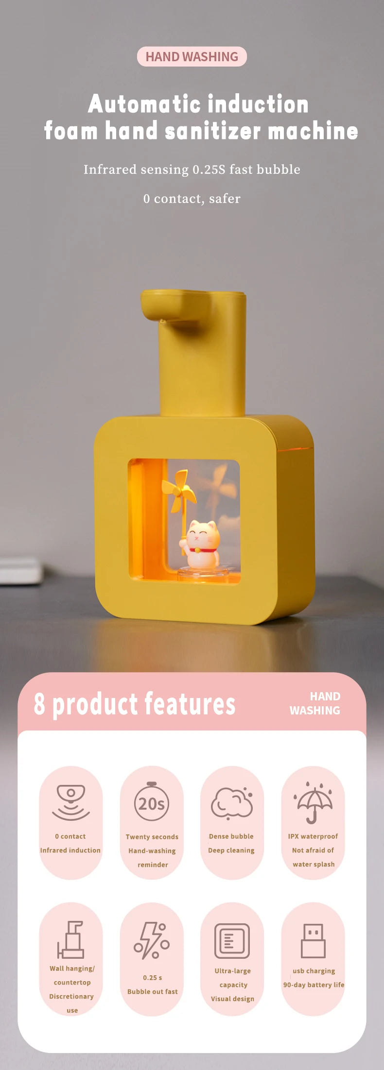 Cute Pet Automatic Foam Soap Dispenser - Wall-Mounted/Countertop, Touchless, USB, 400 ML